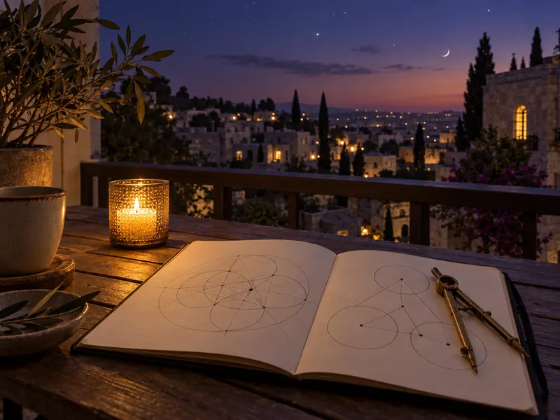 מחברת פתוחה עם שרטוטי עיגולים ומחוגה על שולחן במרפסת, מול שמי ערב ואורות העיר