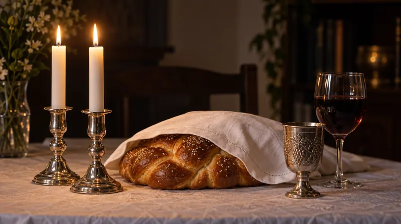 שולחן ליל שבת עם שני נרות דולקים בפמוטי כסף, חלה מכוסה וכוס יין